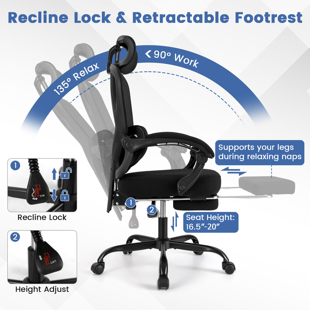 Ergonomic black office chair with retractable footrest, adjustable headrest, and 90°-135° recline for comfort and.