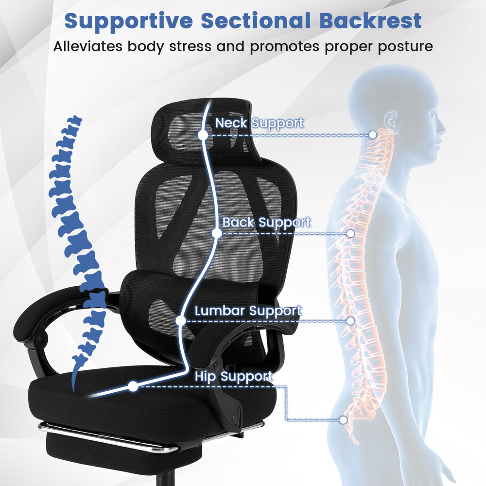 Ergonomic office chair with sectional backrest, lumbar support, and retractable footrest for customizable comfort and.