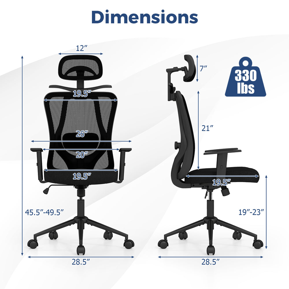 Ergonomic office chair with 3D headrest, reclining backrest, and adjustable height for comfort and support.