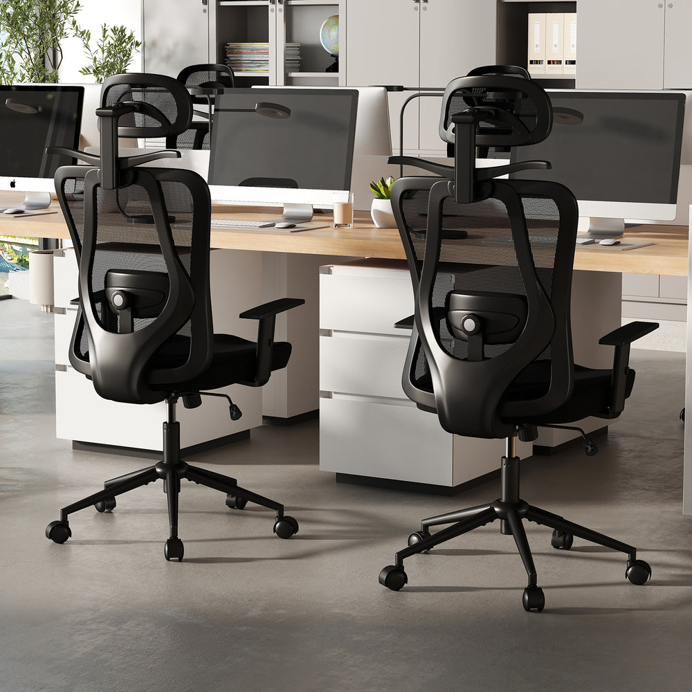 Ergonomic black office chair with 3D headrest and reclining backrest, perfect for adjustable comfort in any workspace.