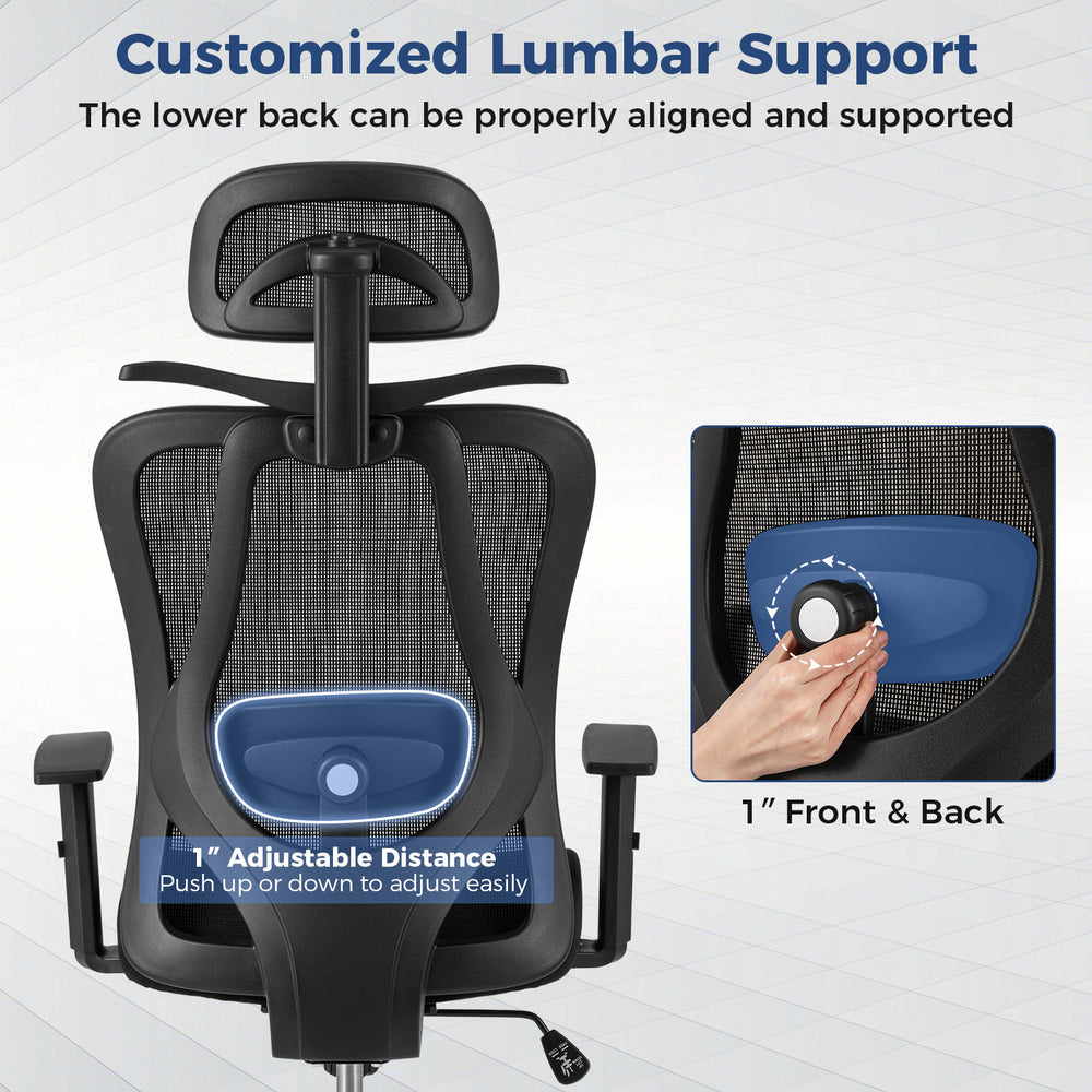 Customized lumbar support detail of the ergonomic office chair, featuring 1" adjustable distance for optimal back.