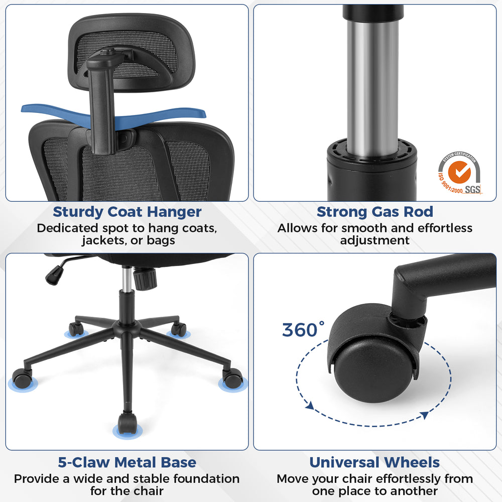 Ergonomic office chair with 3D headrest, adjustable height, and 360° swivel wheels for flexible seating comfort.