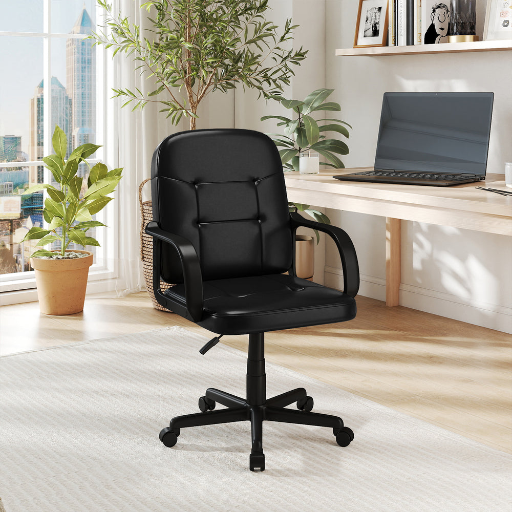 Ergonomic office chair with ribbed stitching, chrome armrests, and 360-degree wheels for home or business use.