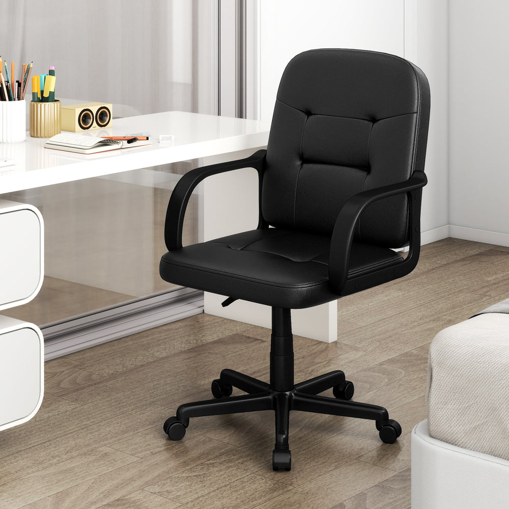Ergonomic office chair with high back, chrome armrests, and 360-degree wheels for home or business use.