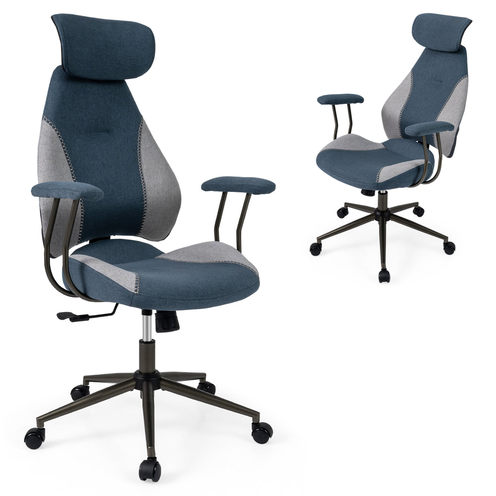 Ergonomic office chair with 2D headrest, gray and blue fabric, featuring a rocking backrest and cozy armrests for.