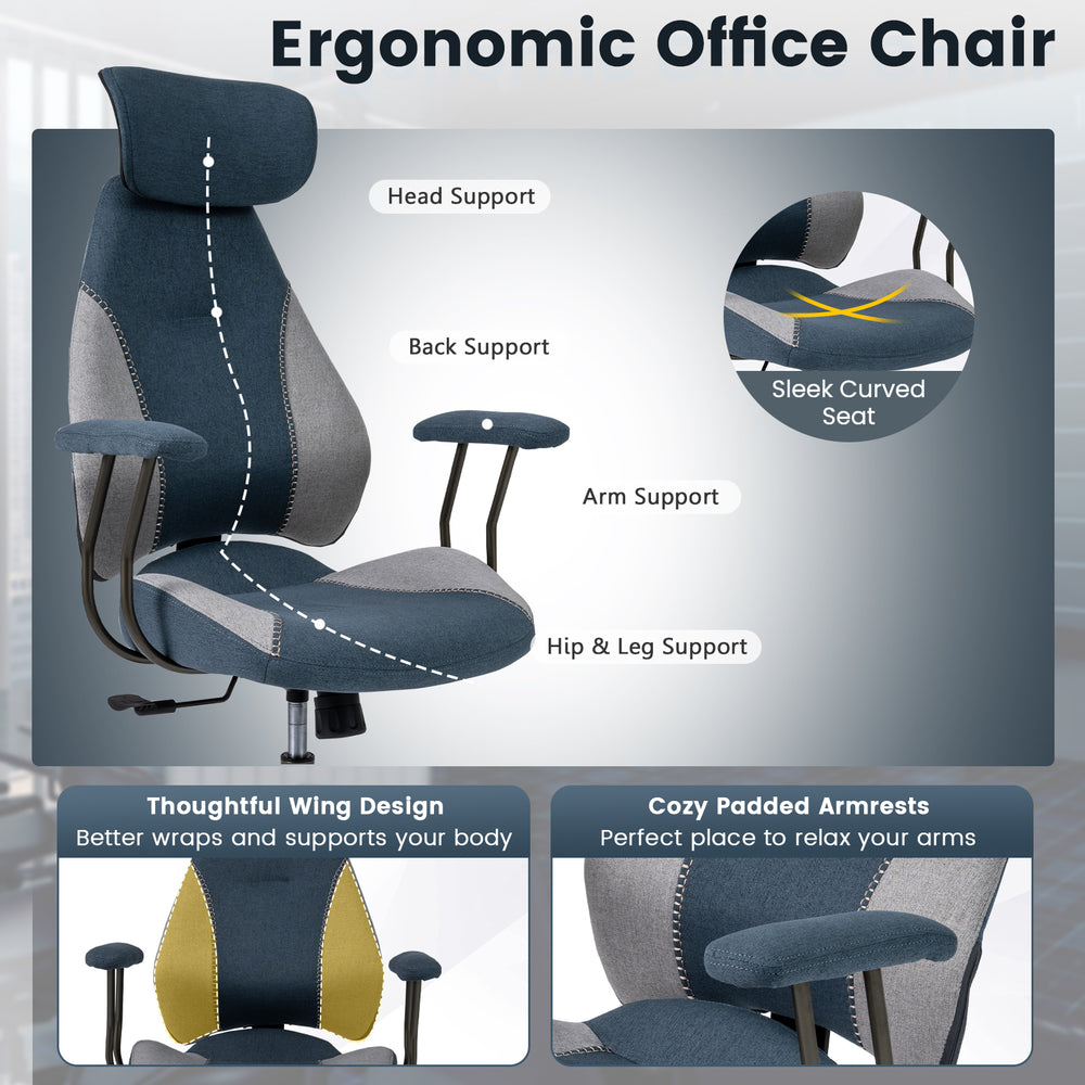 Ergonomic office chair with 2D headrest and rocking backrest, featuring cozy padded armrests and breathable flax fabric.