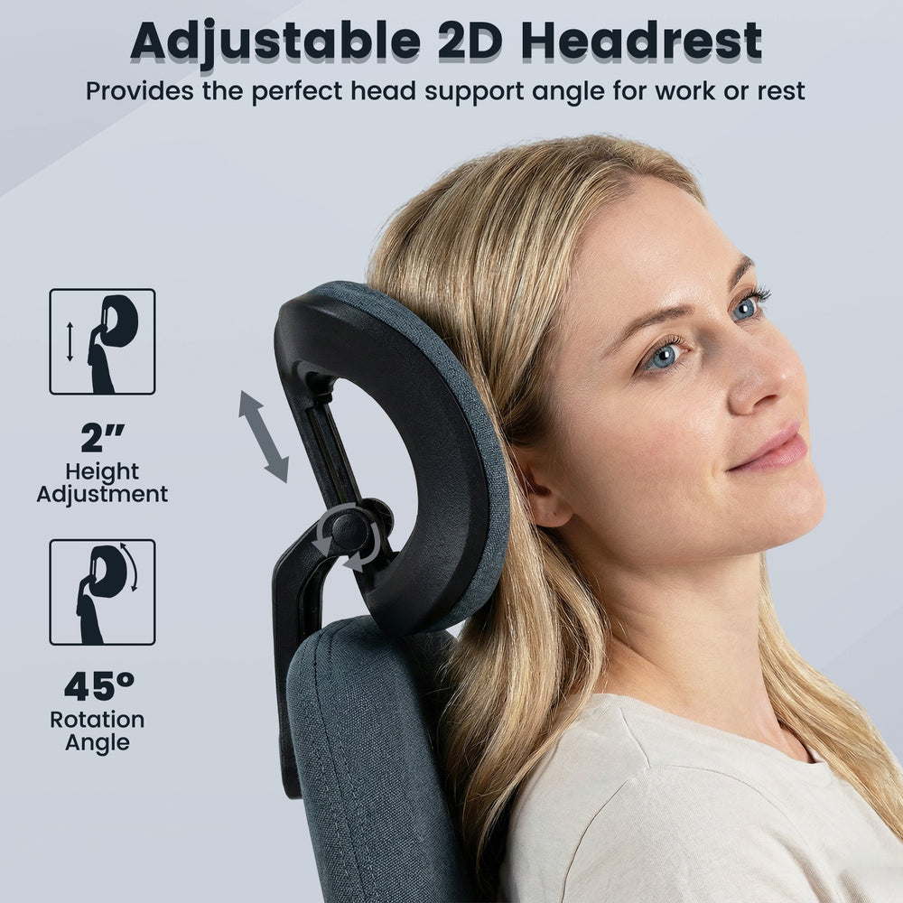 Adjustable 2D headrest on a gray ergonomic office chair, providing optimal head support for work or relaxation.