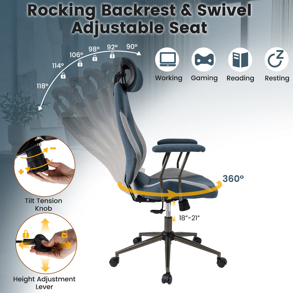 Ergonomic gray office chair with adjustable 2D headrest, rocking backrest, and swivel seat for versatile comfort.
