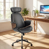 Ergonomic office chair in black with headrest, adjustable height, and curved armrests for home office comfort.