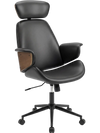 Ergonomic black office chair with headrest, adjustable height, and wood-like accents for home office comfort.