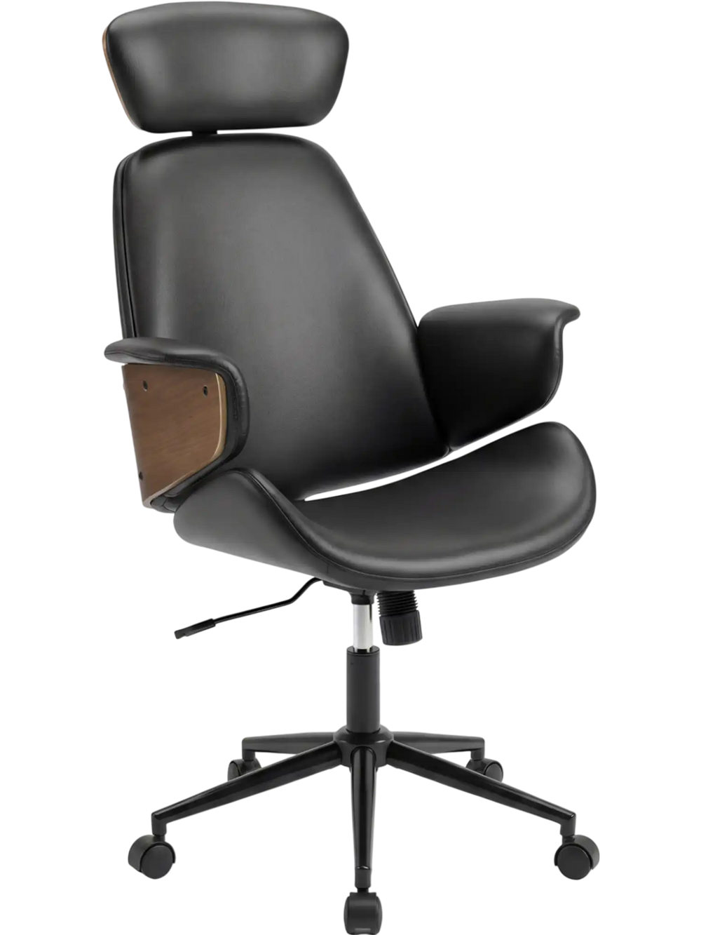 Ergonomic black office chair with headrest, adjustable height, and wood-like accents for home office comfort.