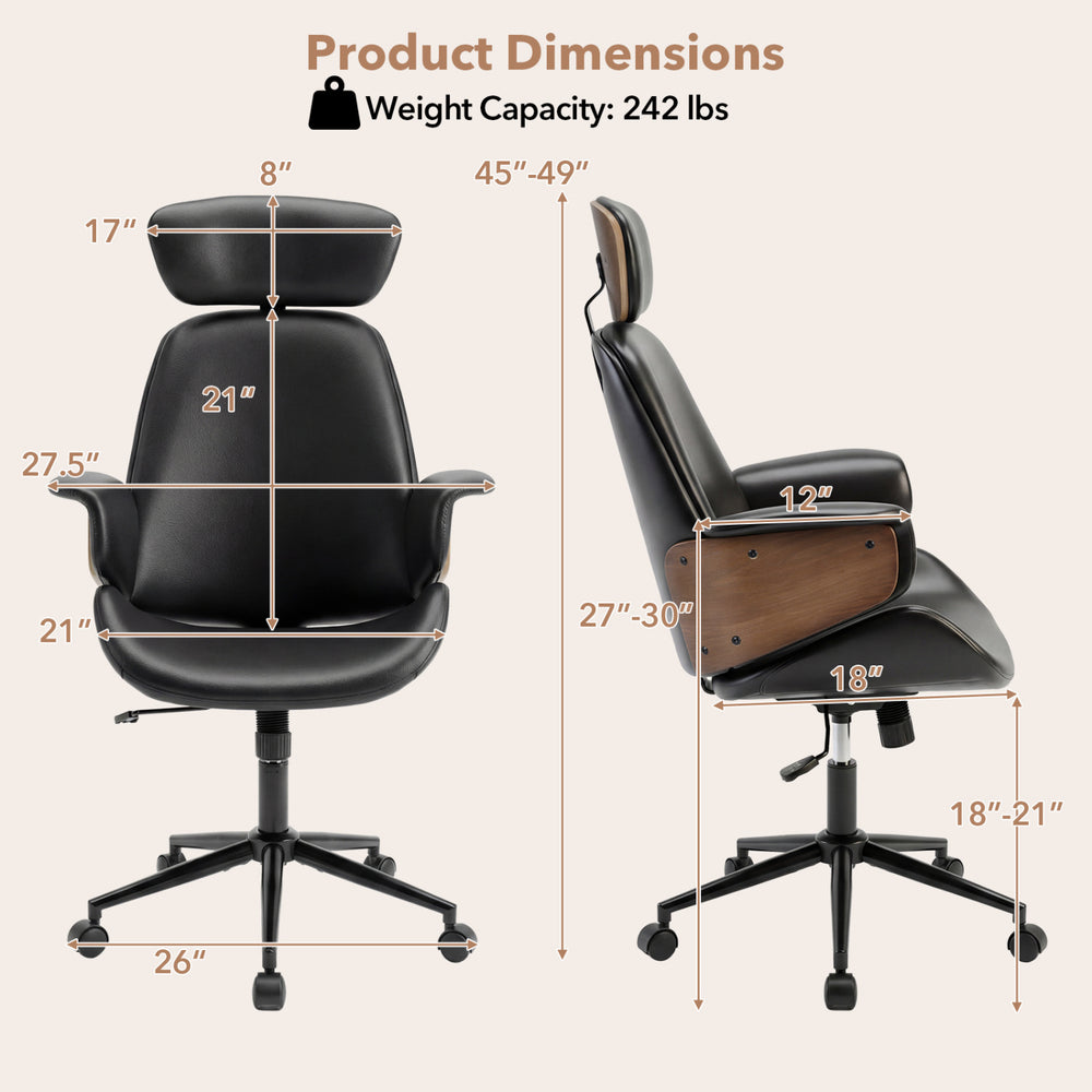 Ergonomic office chair with headrest, adjustable height, black faux leather, and sturdy metal base for home office use.