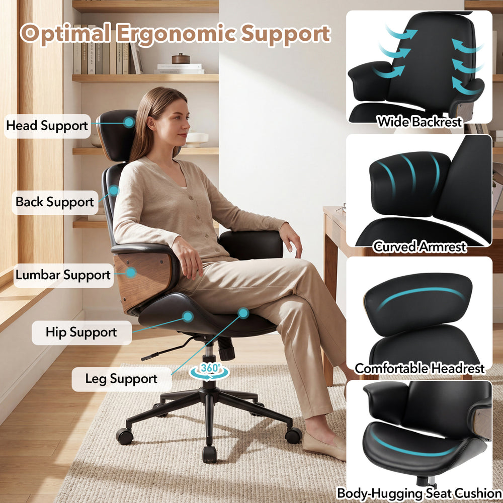 Ergonomic office chair with headrest, adjustable height, and wide backrest for optimal support and comfort in black.