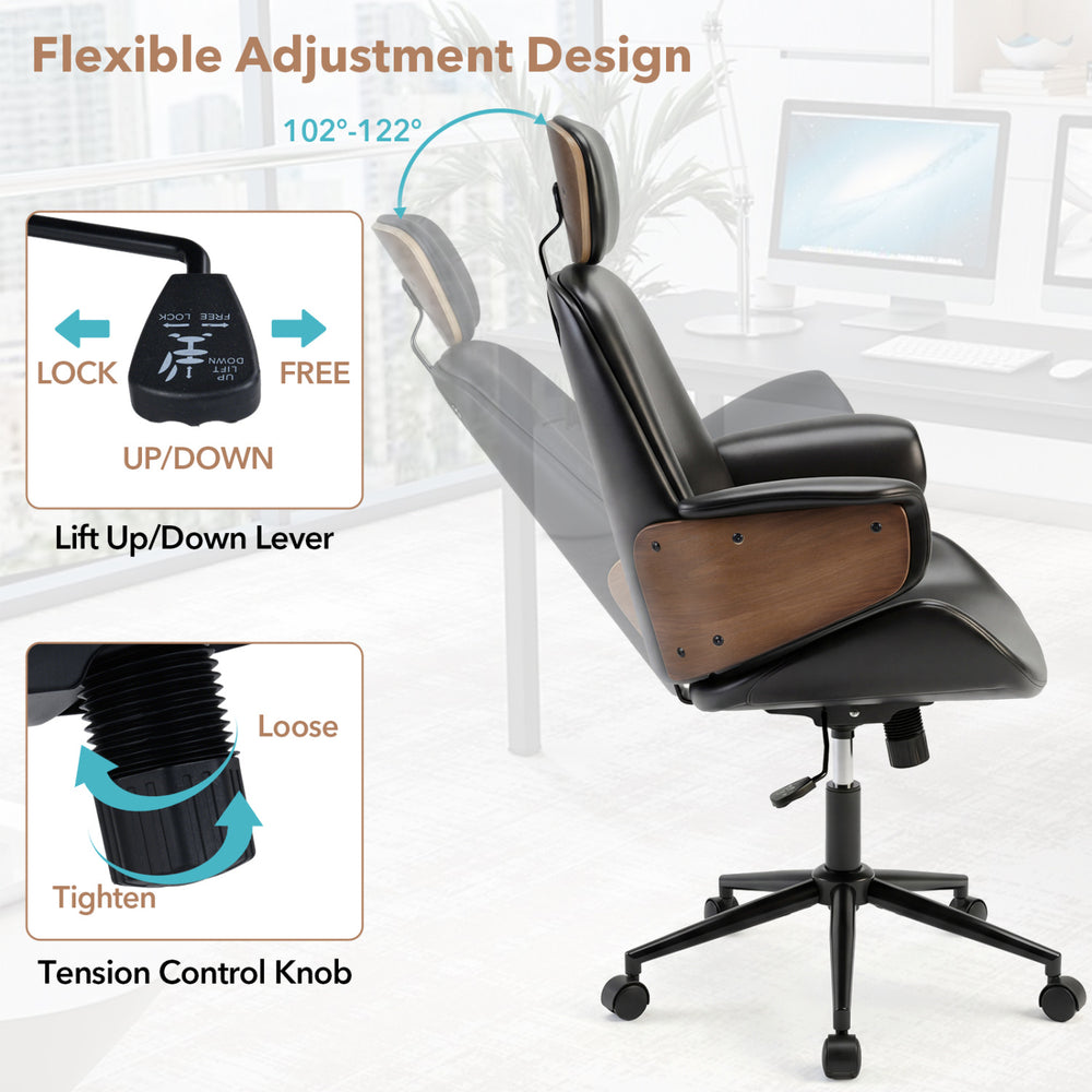 Ergonomic office chair with adjustable height, headrest, and flexible rocking backrest for home office comfort.