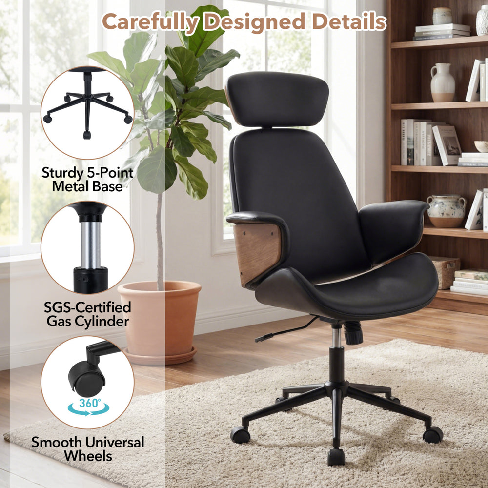 Ergonomic office chair with headrest, black faux leather, 360° wheels, and adjustable height for home office comfort.
