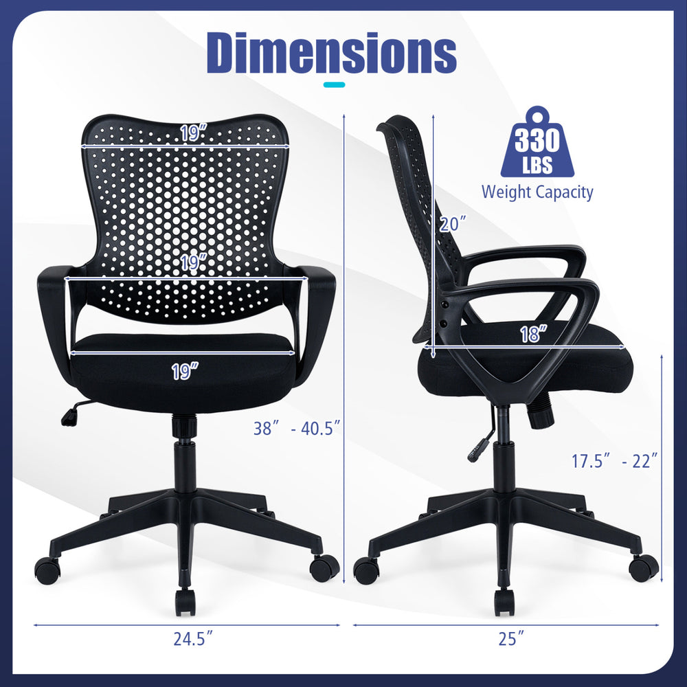 Height adjustable ergonomic office chair with breathable butterfly back, showing dimensions and weight capacity of 330.