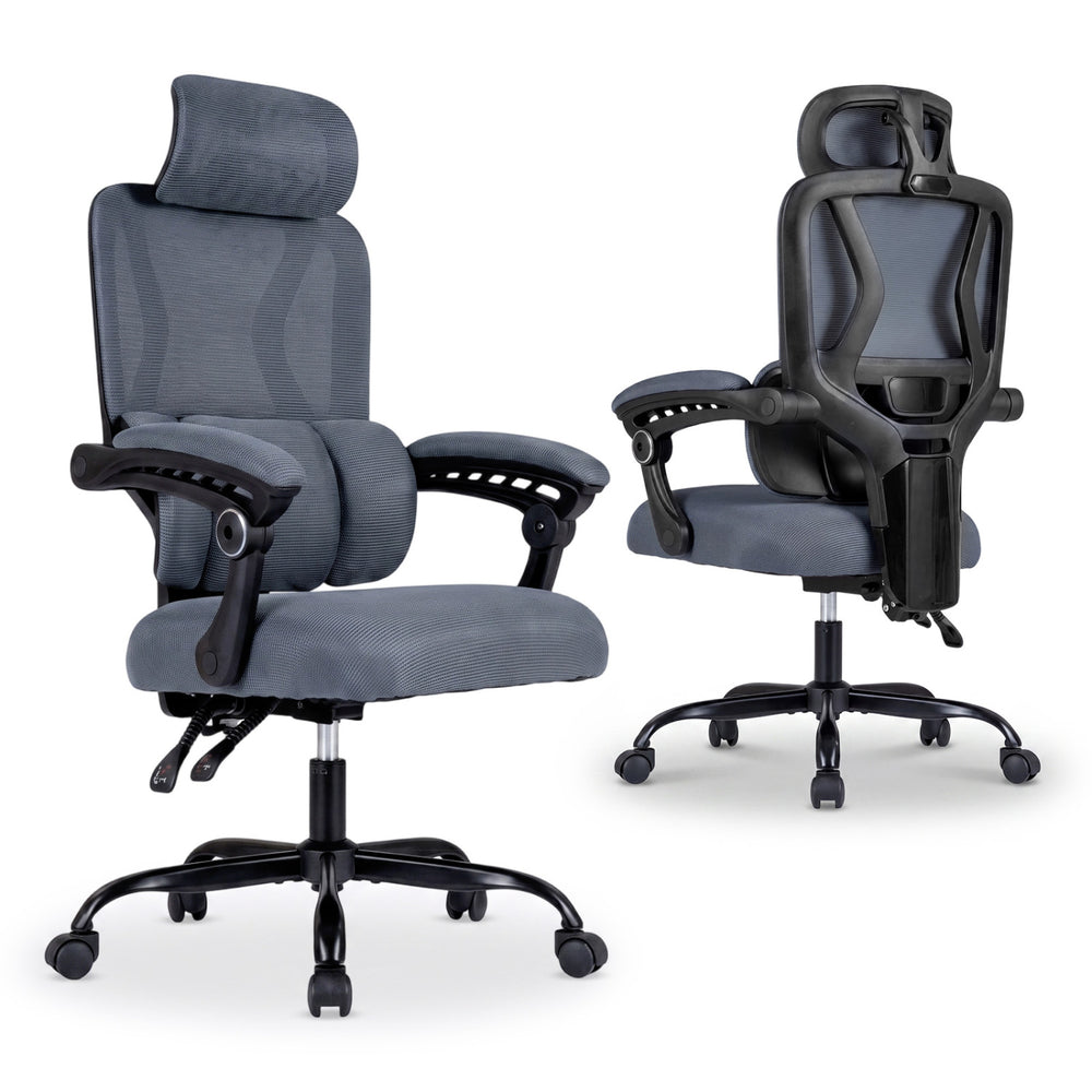 Side view of the ergonomic gray office chair showcasing the 2D adjustable headrest and padded armrests for enhanced comfort.