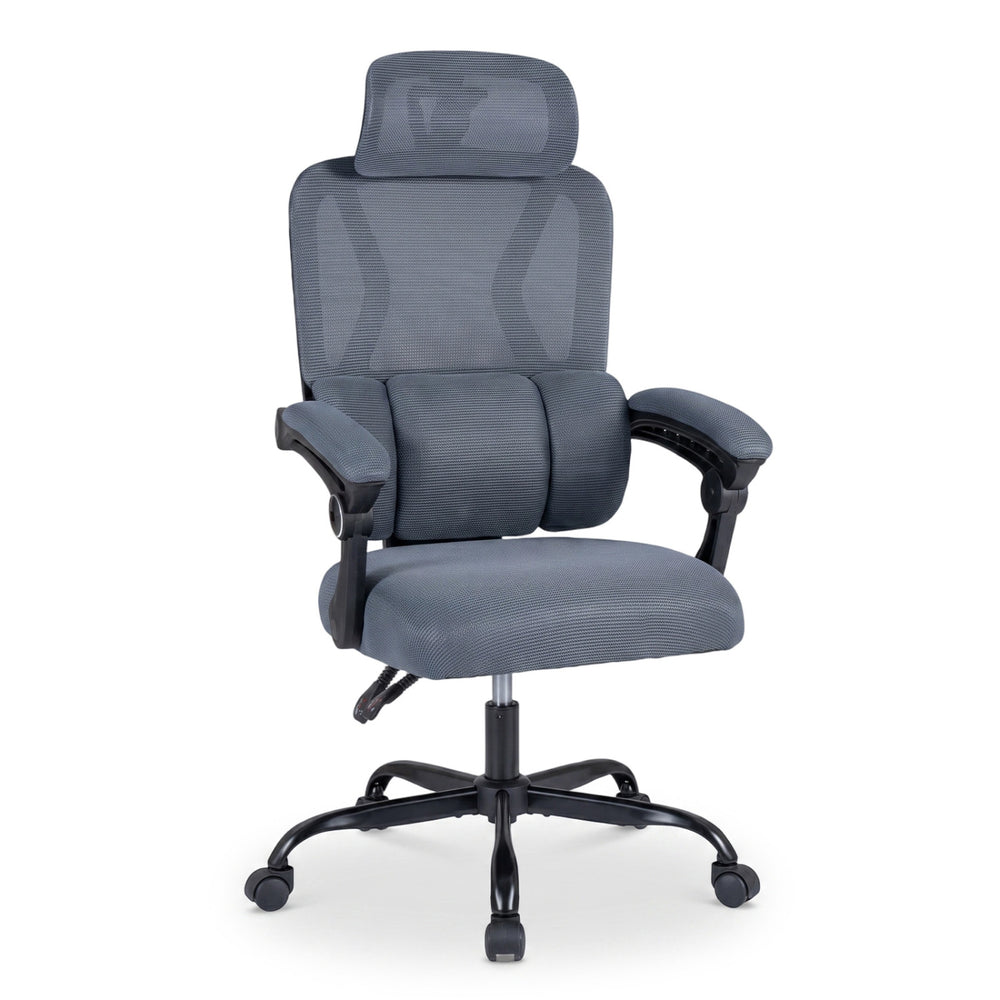 Ergonomic gray office chair with high back, adaptive lumbar support, and adjustable headrest for optimal comfort.