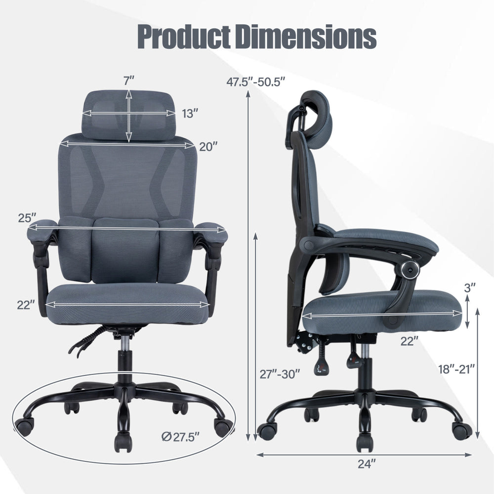 Ergonomic gray office chair with high back, adaptive lumbar support, and 2D adjustable headrest for optimal comfort.