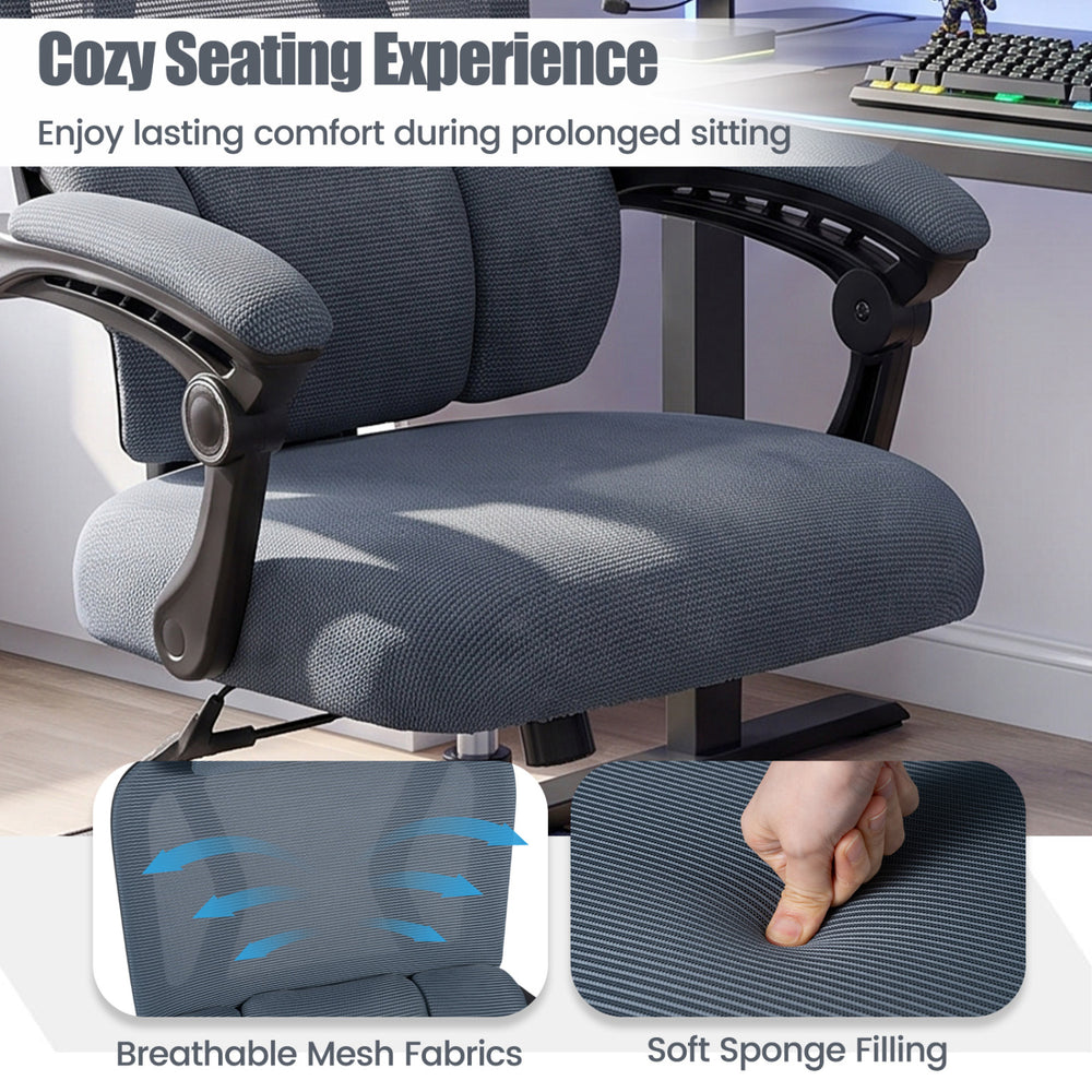 Ergonomic gray office chair with breathable mesh fabrics, adaptive lumbar support, and adjustable headrest for comfort.