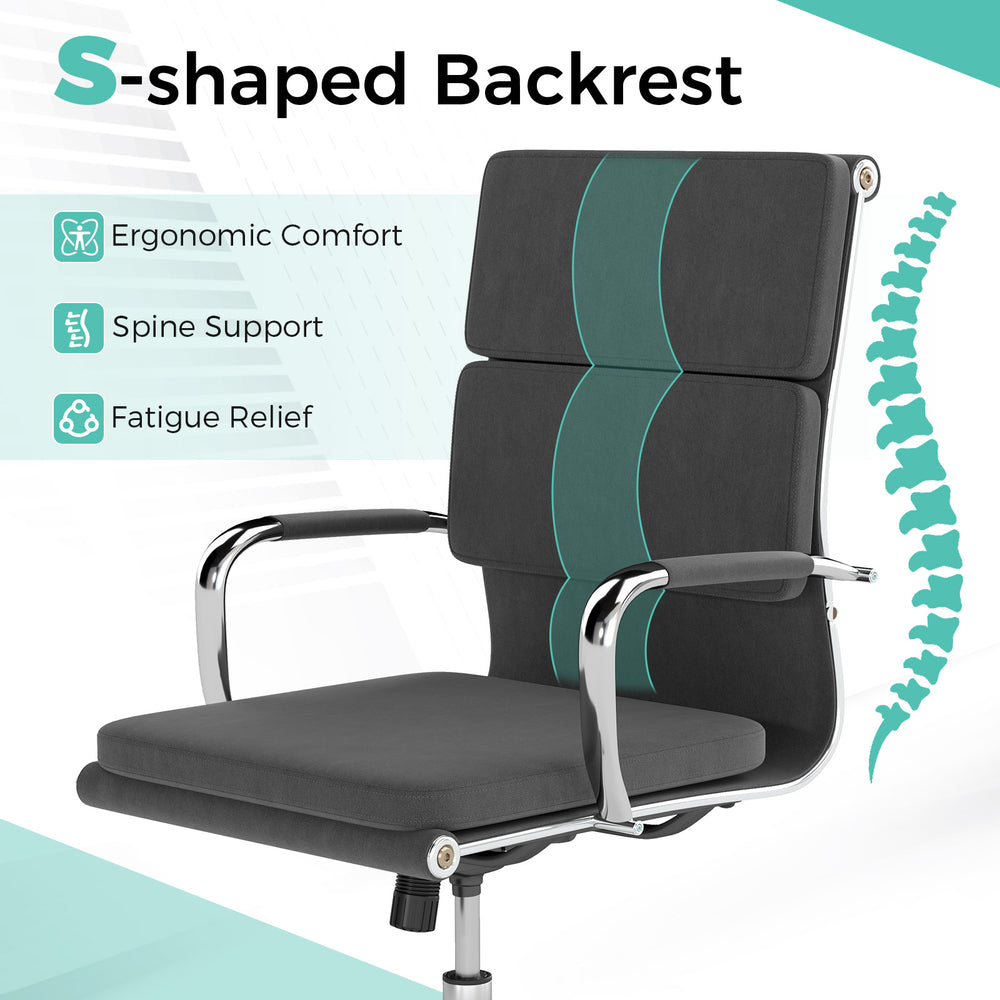 Ergonomic office desk chair with S-shaped backrest, height-adjustable seat, and gray padded upholstery for comfort.