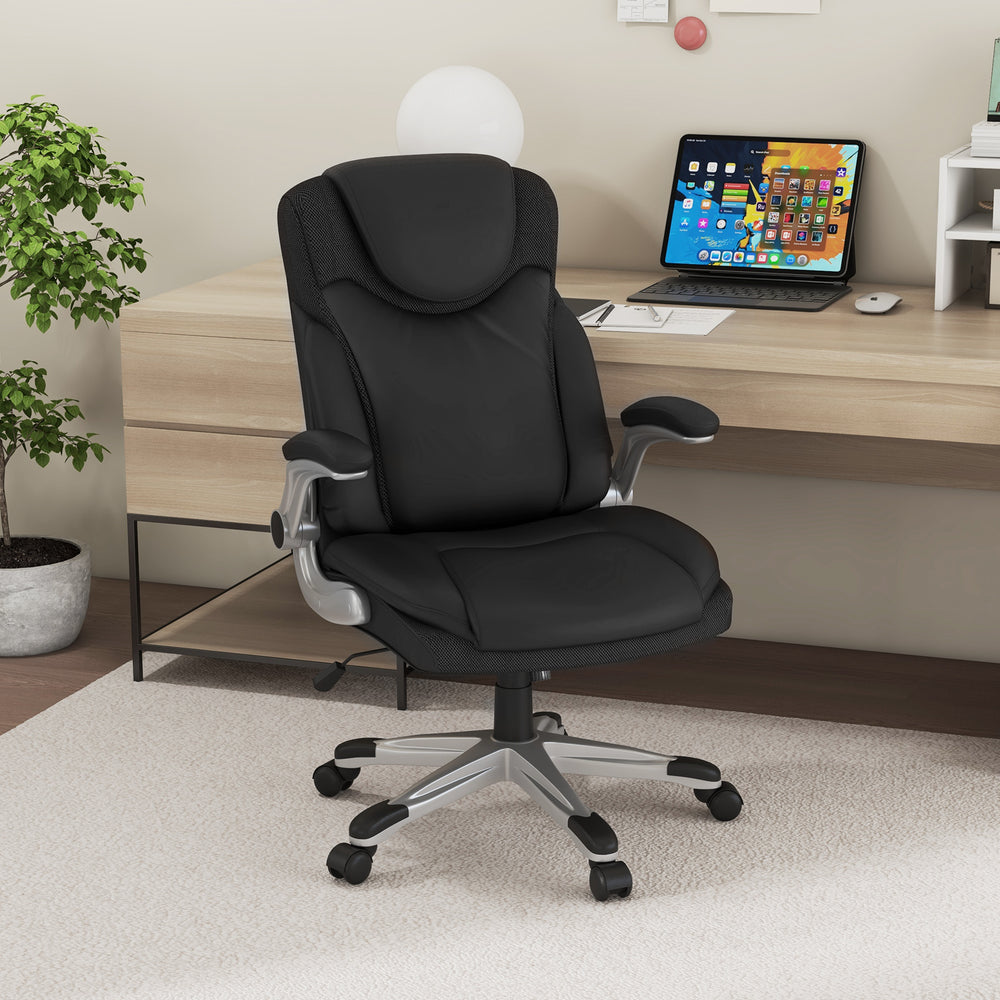Ergonomic Office PU Leather Executive Chair with Flip-up Armrests and Rocking Function-Black - Gallery View 1 of 10