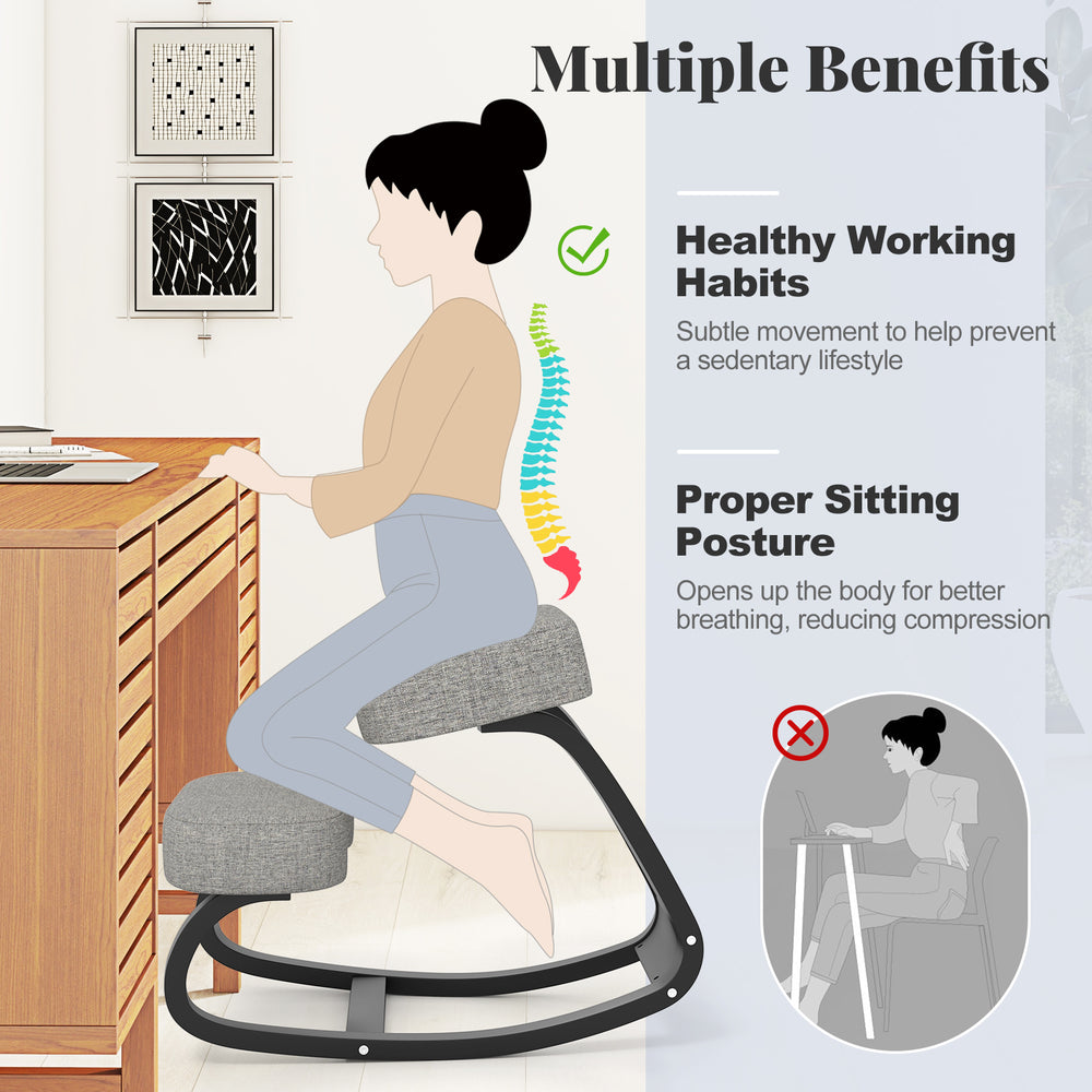 Wooden ergonomic backless rocking kneeling chair with gray padded cushion, promoting active sitting and proper posture.