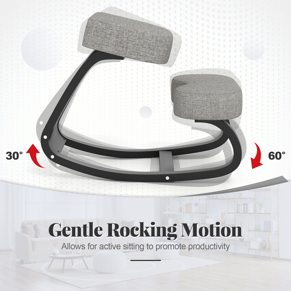 Wooden ergonomic backless rocking kneeling chair with gray cushioned seat, promoting active sitting for productivity.