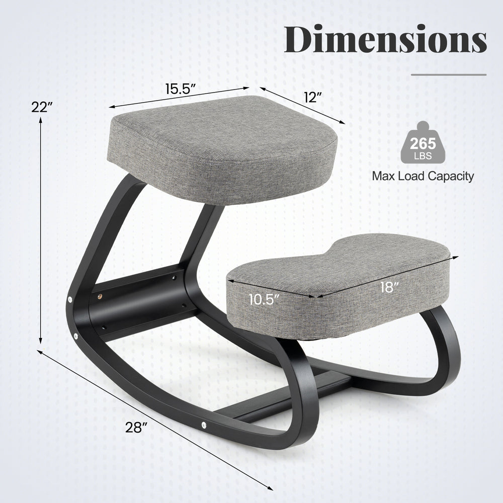 Ergonomic backless rocking kneeling chair with padded cushion in gray, featuring a sturdy birch wood frame and.