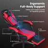 Ergonomic video game chair in red with headrest, lumbar support, and reclining backrest for optimal comfort and posture.
