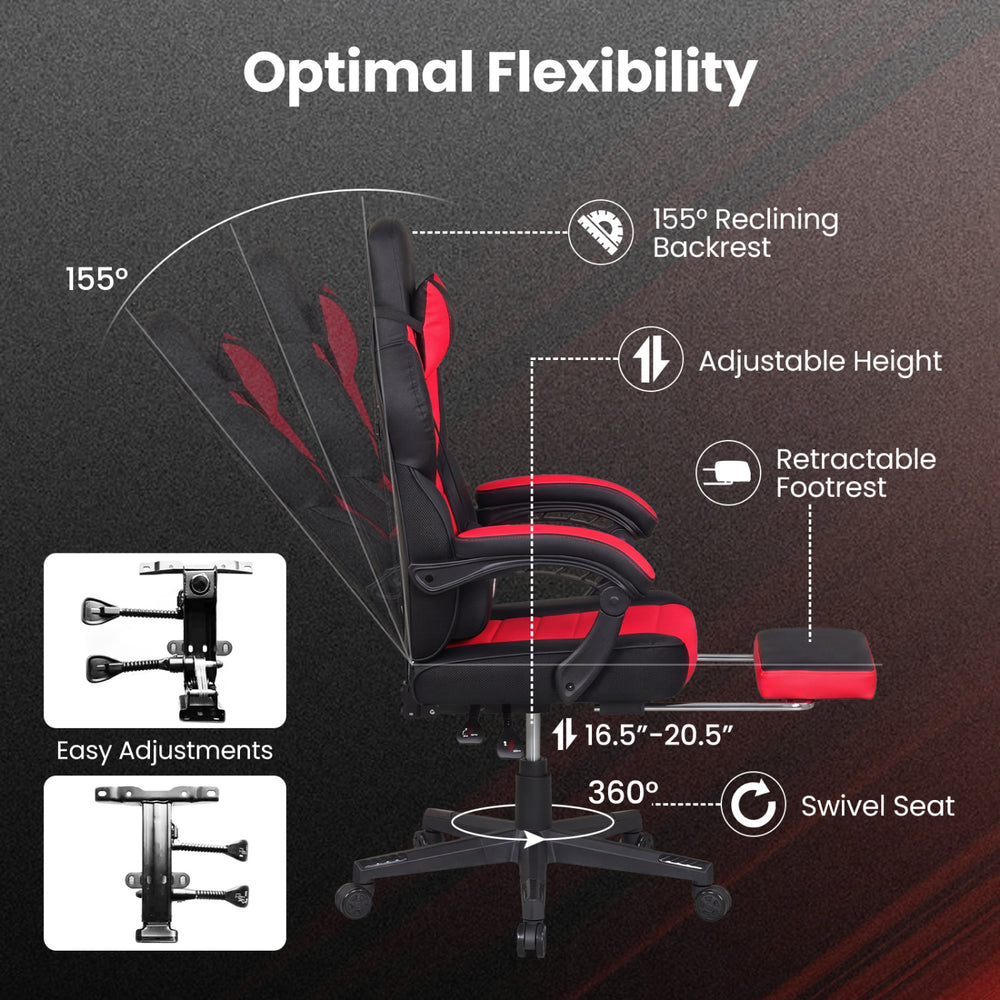 Ergonomic red video game chair featuring a 155° reclining backrest, adjustable height, and retractable footrest for.
