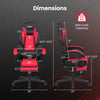 Ergonomic video game chair dimensions with red and black design, featuring a reclining backrest and adjustable height.