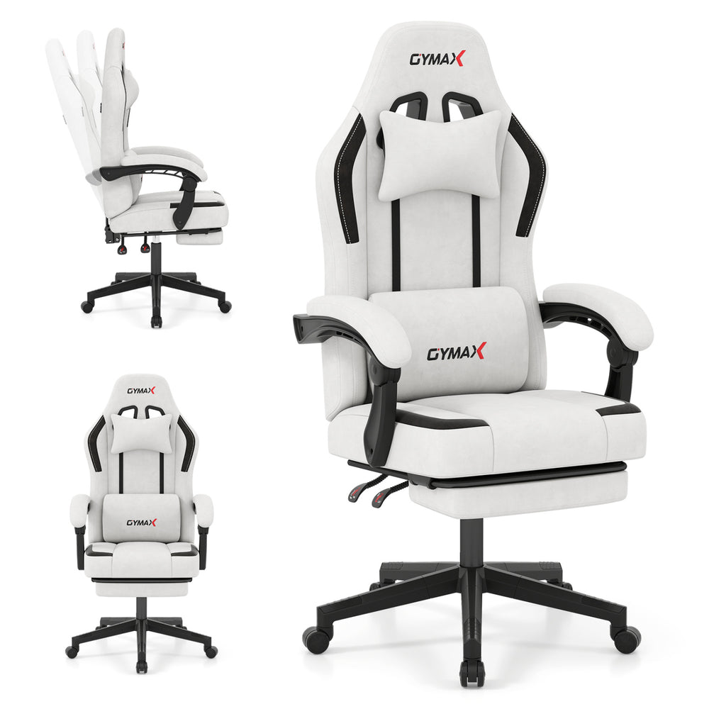 Gray ergonomic video game chair with headrest, 135° reclining backrest, and retractable footrest for home office.