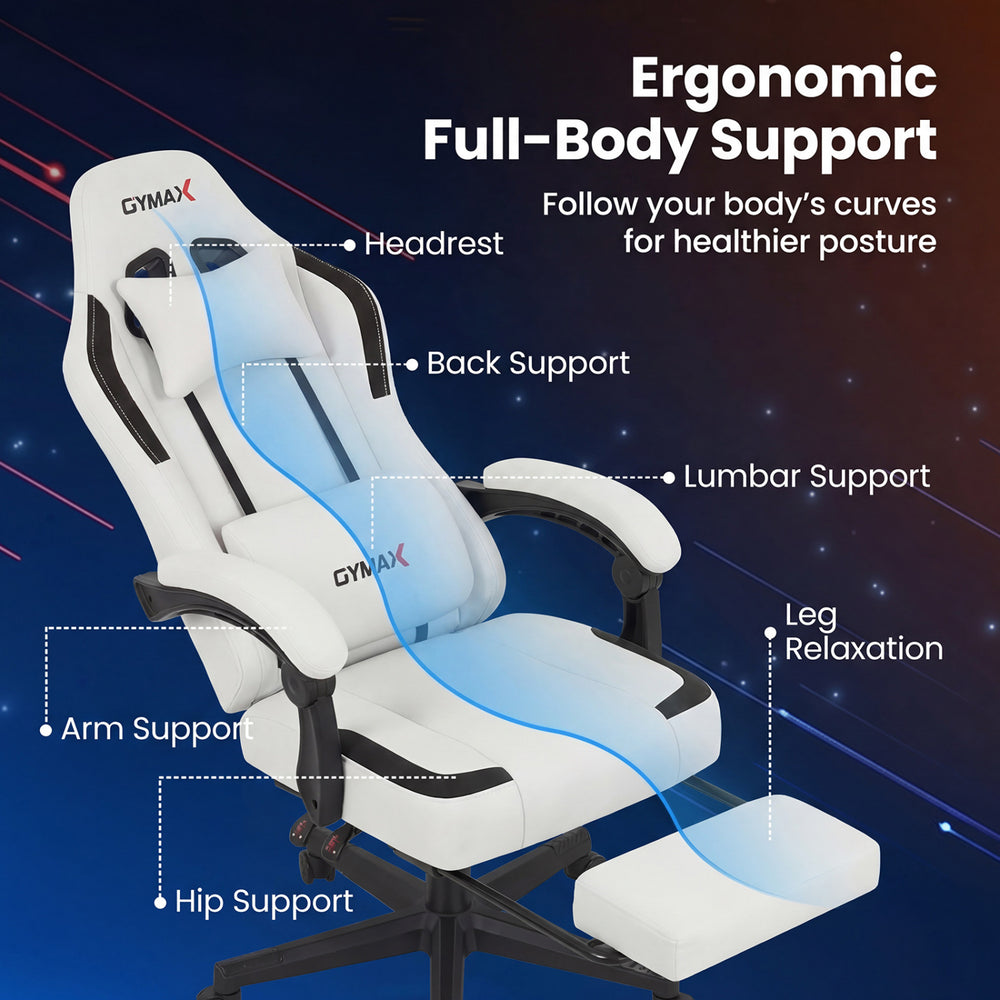 Ergonomic video game chair with headrest, gray color, featuring full-body support and retractable footrest for comfort.