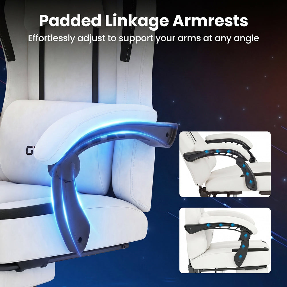 Padded linkage armrests of the ergonomic gray gaming chair adjust effortlessly for optimal arm support at any angle.