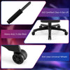 Close-up of the heavy-duty 5-claw base and anti-wear universal wheels of the ergonomic black gaming chair.