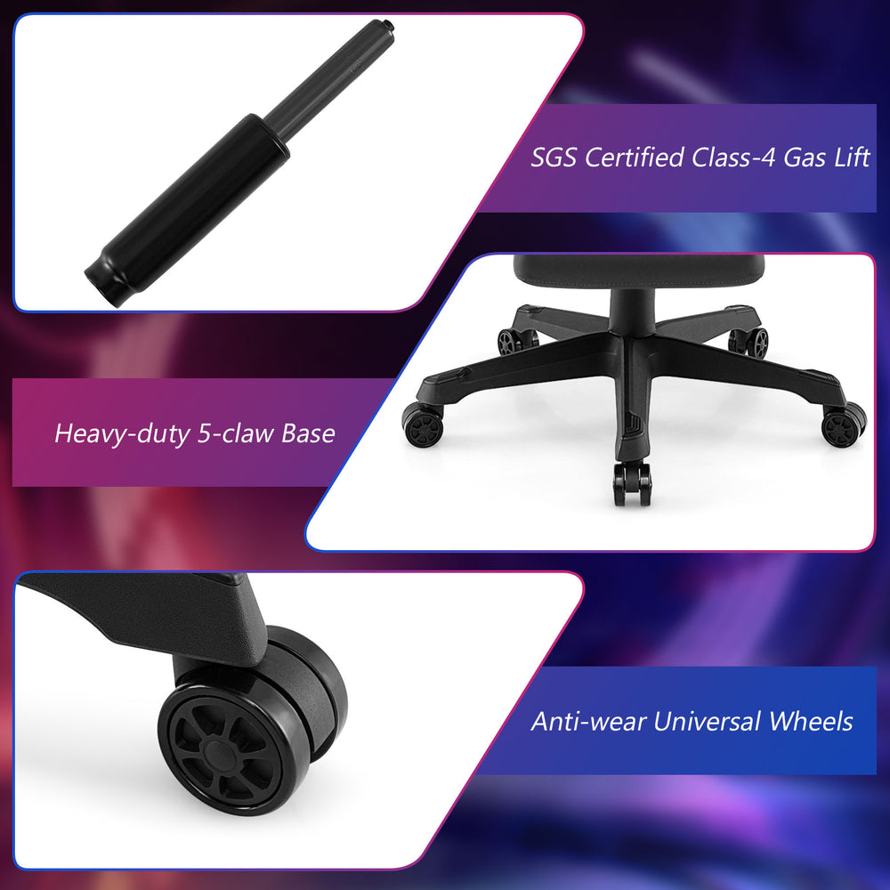 Close-up of the heavy-duty 5-claw base and anti-wear universal wheels of the ergonomic black gaming chair.