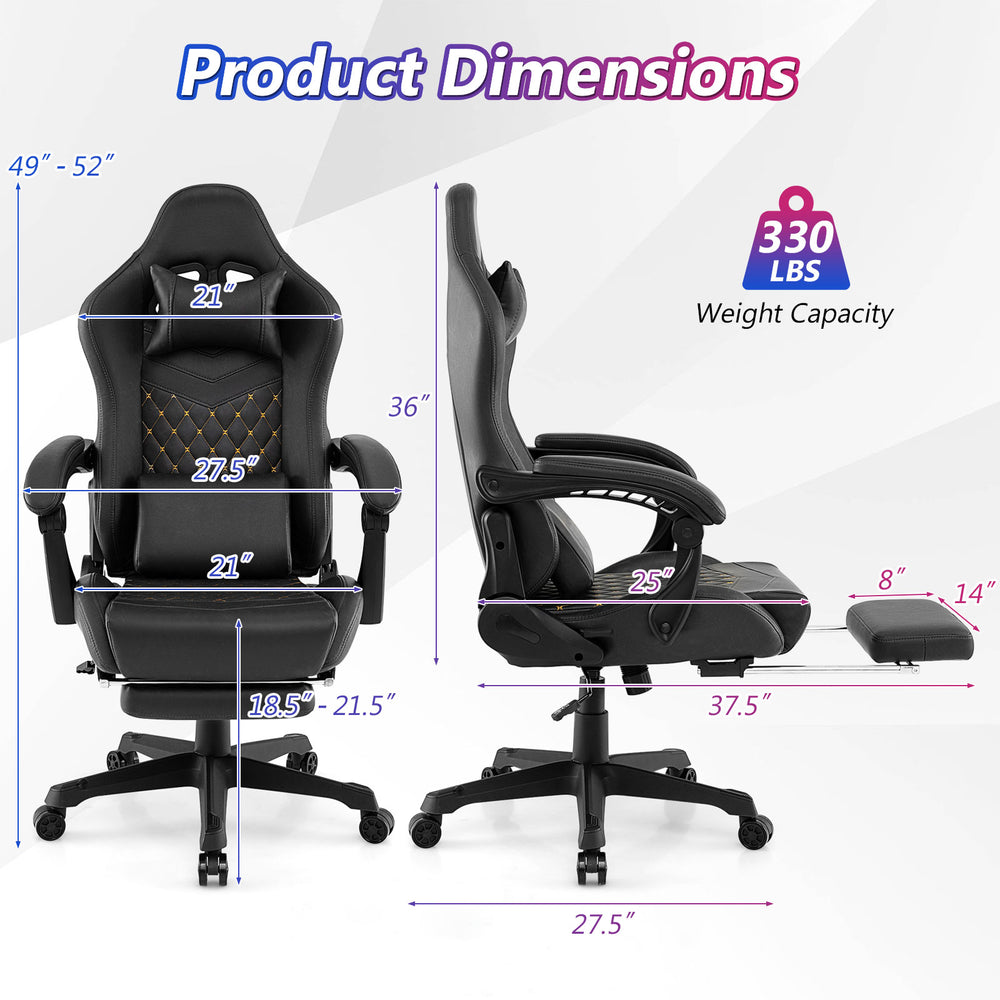 Dimensions of the ergonomic black video game chair with headrest and lumbar pillow, supporting up to 330 lbs.