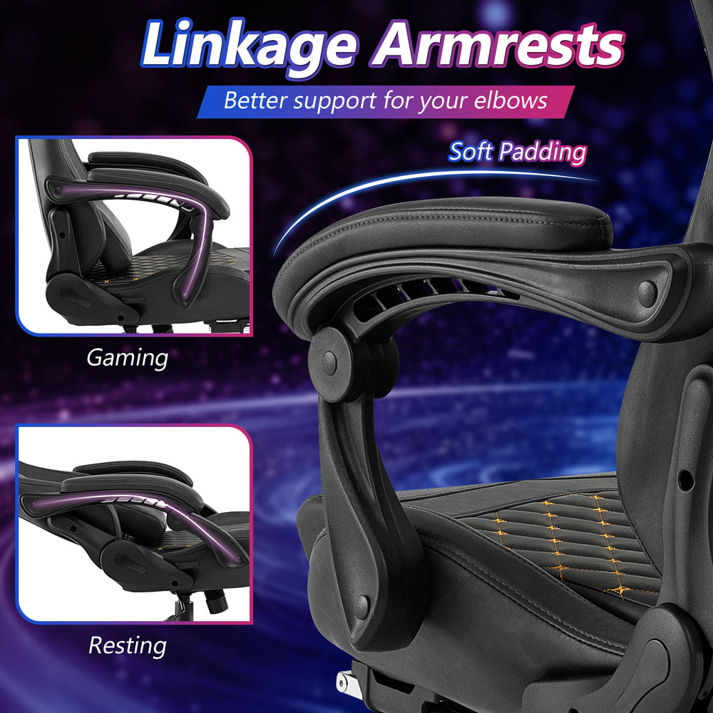 Linkage armrests of the ergonomic black gaming chair provide soft padding for elbow support during gaming or resting.