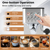 Espresso machine with stainless steel finish, featuring one-button operation for brewing espresso, cappuccino, and.