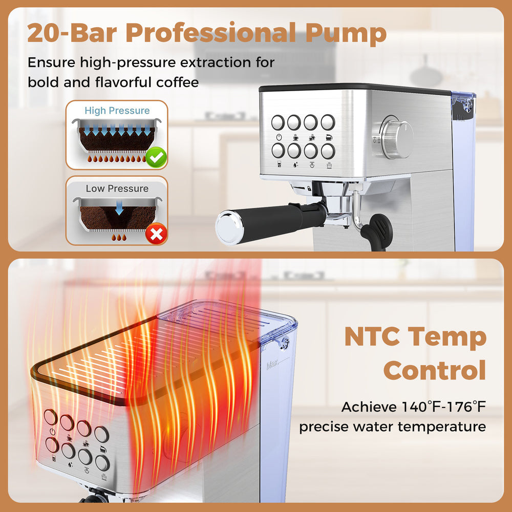 Espresso machine with 20-bar pump and NTC temperature control for precise brewing and creamy froth, ideal for coffee.