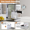 Espresso machine with stainless steel housing, 20-bar pump, and removable water tank for easy cleaning and brewing.