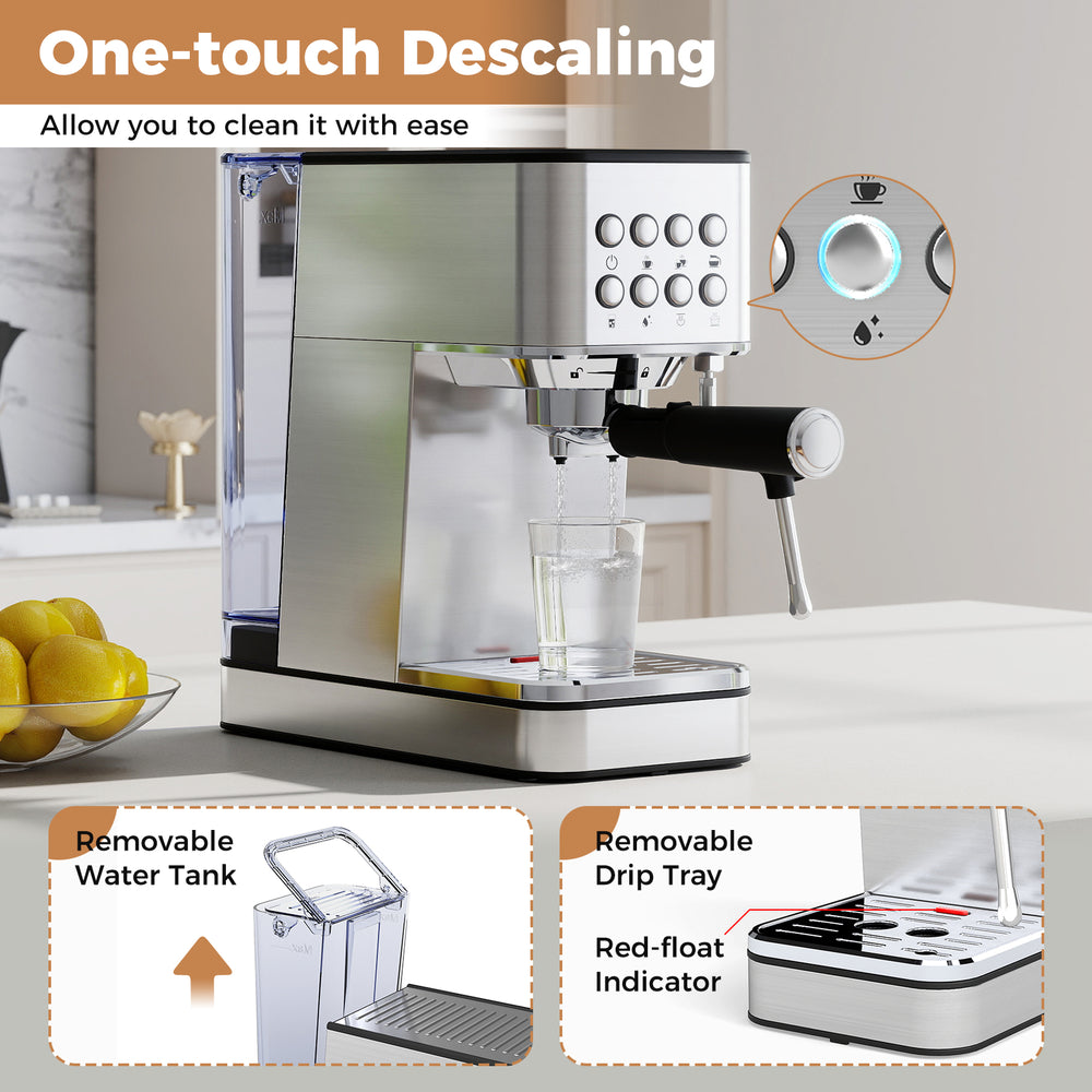 Espresso machine with stainless steel housing, 20-bar pump, and removable water tank for easy cleaning and brewing.