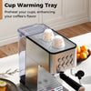 Cup warming tray of the stainless steel espresso machine, designed to enhance coffee flavor by preheating cups.