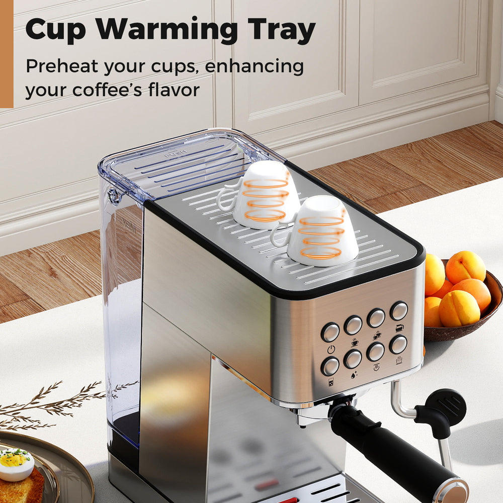 Cup warming tray of the stainless steel espresso machine, designed to enhance coffee flavor by preheating cups.