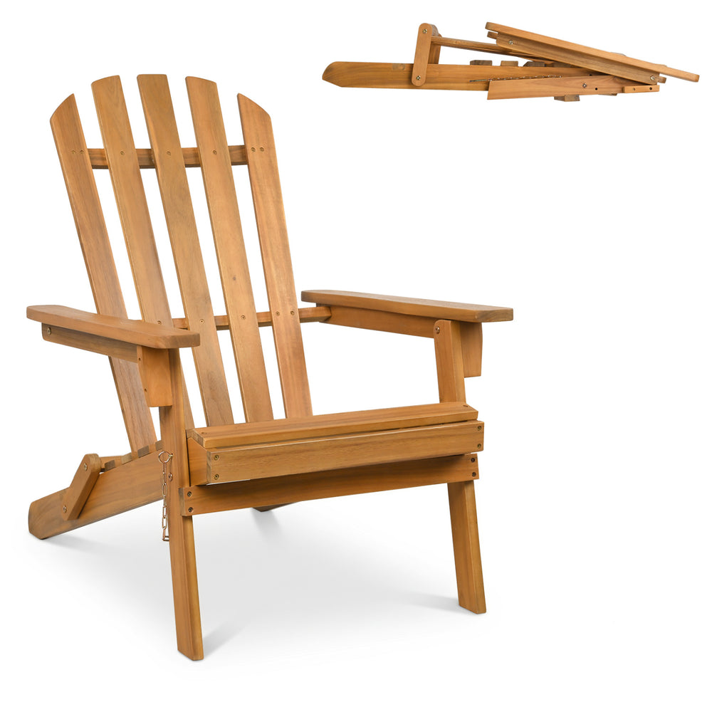 Folding oversized Adirondack chair made of durable acacia wood with a 105° inclined backrest for comfortable outdoor relaxation.