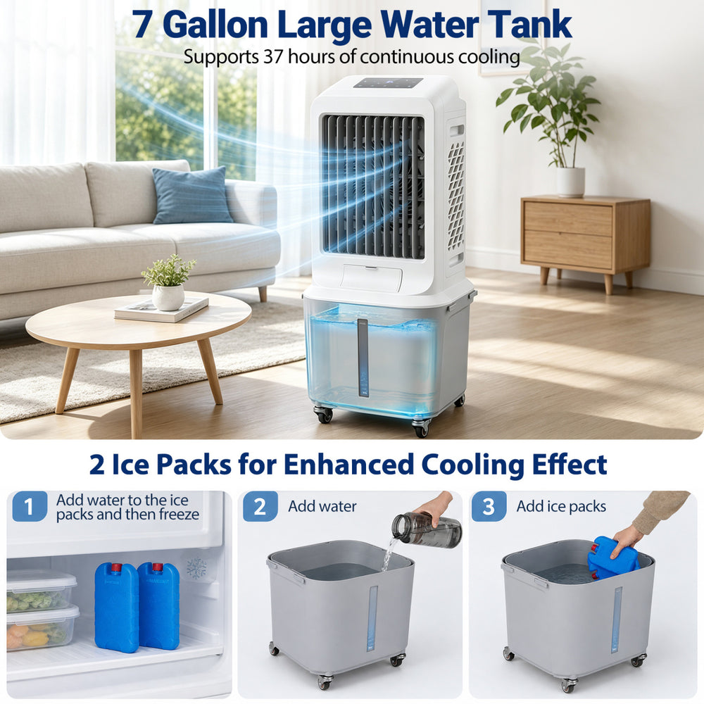 Evaporative air cooler with a 7-gallon water tank, featuring 600 CFM airflow and 2 ice packs for enhanced cooling.