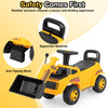 Excavator digger toy in yellow with adjustable bucket, supportive backrest, and anti-tipping block for safe play.