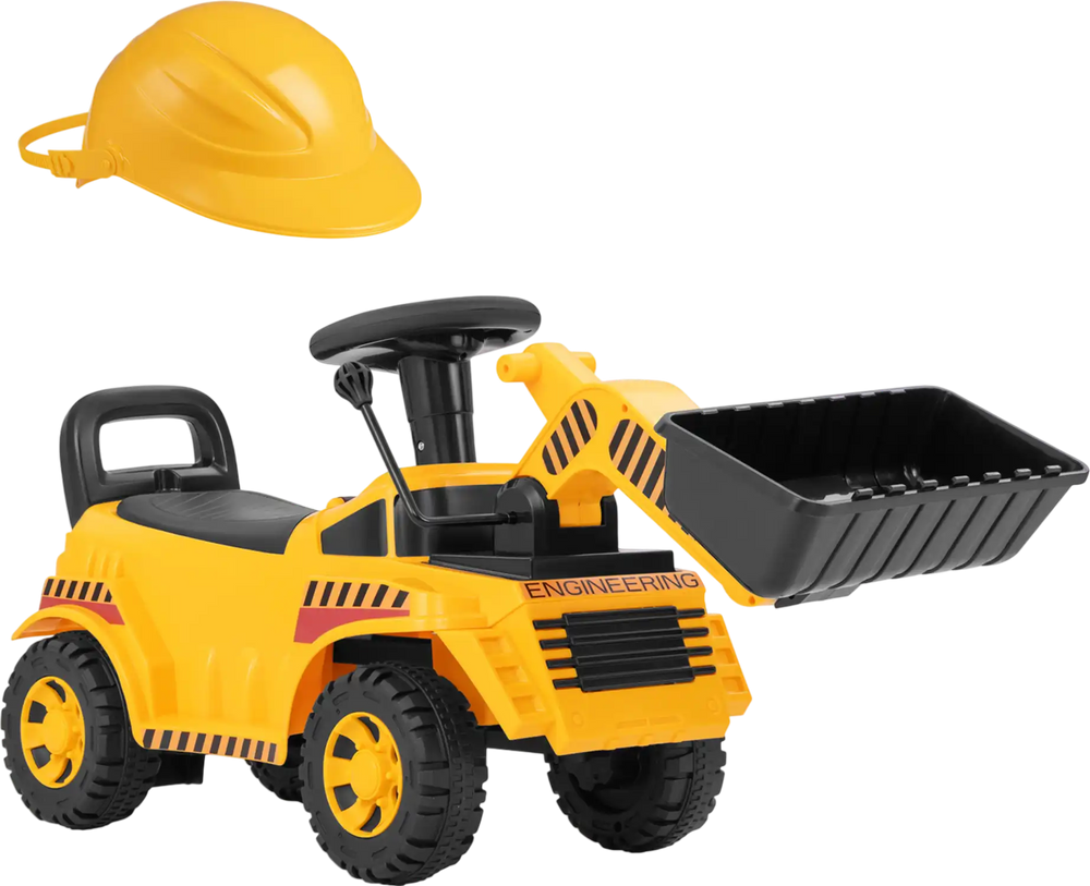 Yellow excavator digger toy with adjustable bucket and steering wheel, perfect for indoor and outdoor play.