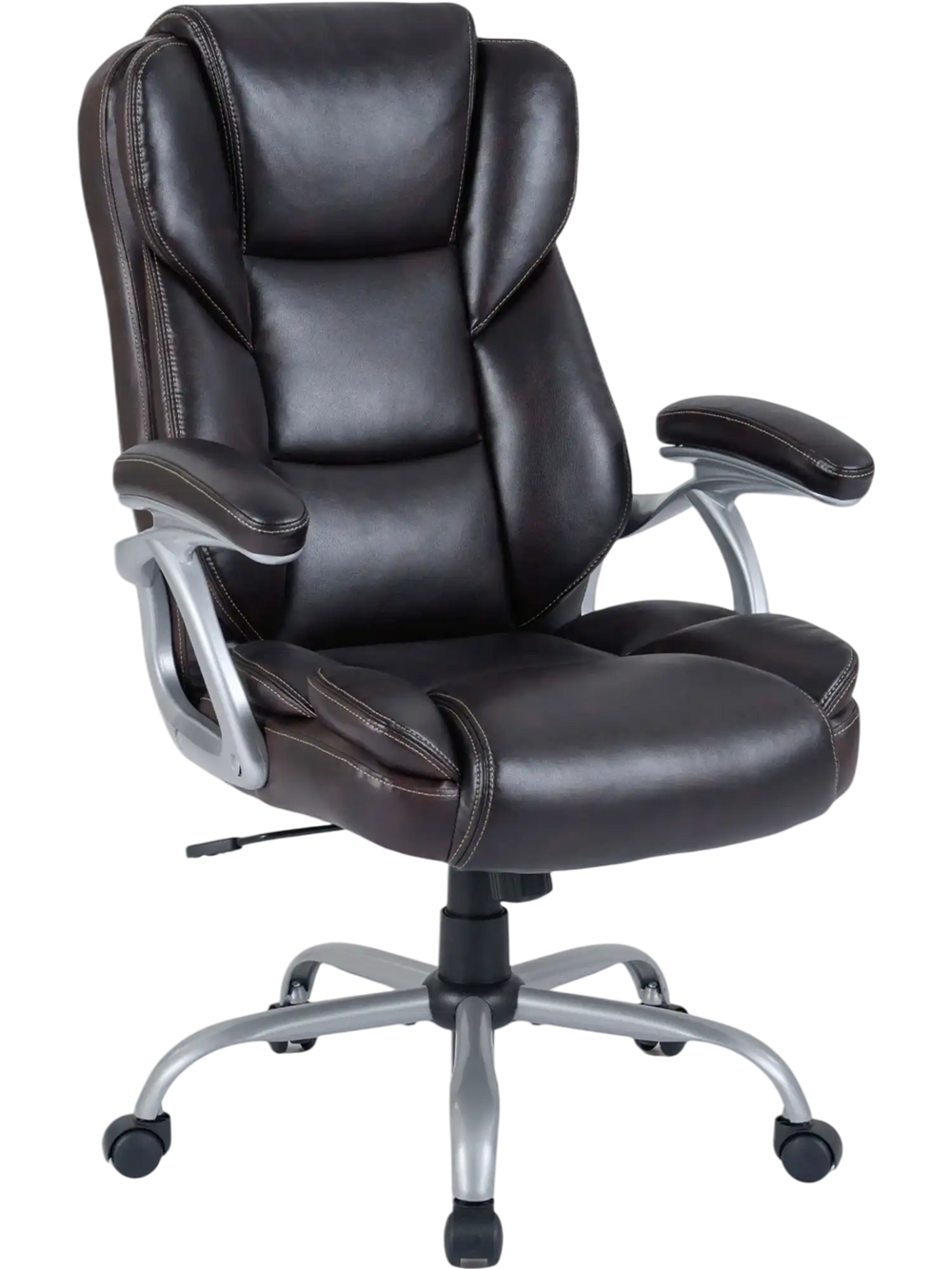 Brown ergonomic executive office chair with padded seat, armrests, and adjustable backrest for optimal comfort.